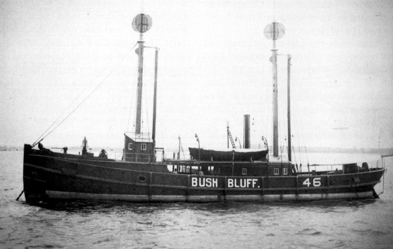 LV-46, a 124-foot schooner-rigged sailboat, served the Overfalls station from 1898 to 1901. This photograph was made when the ship served Bush Bluff from 1891-93. SOURCE: LIGHTHOUSE ESTABLISHMENT